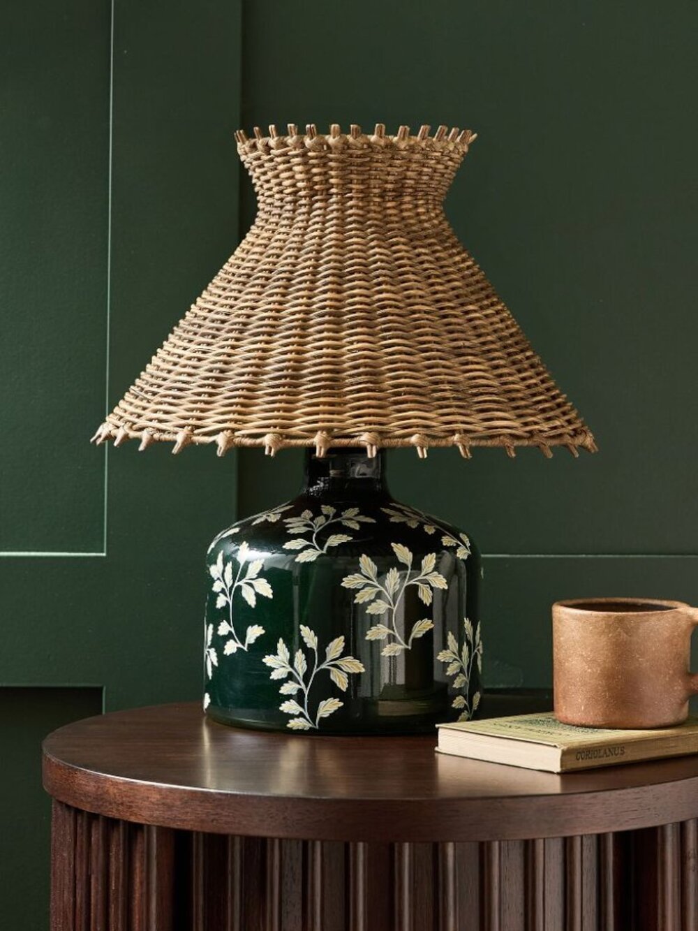 GreenRow Gwen Floral Glass Table Lamp + Rattan Shade NEW